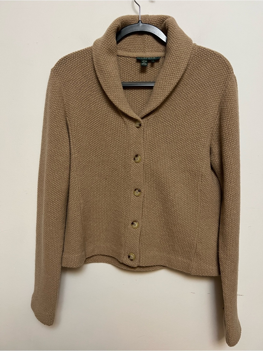 Lauren Ralph Lauren 100% Lambswool Shawl Collar Cardigan Sweater L Camel - Picture 2 of 11